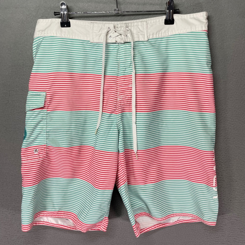 RVCA Board Shorts Mens 33 Teal Pink Striped Surf Swim Classic